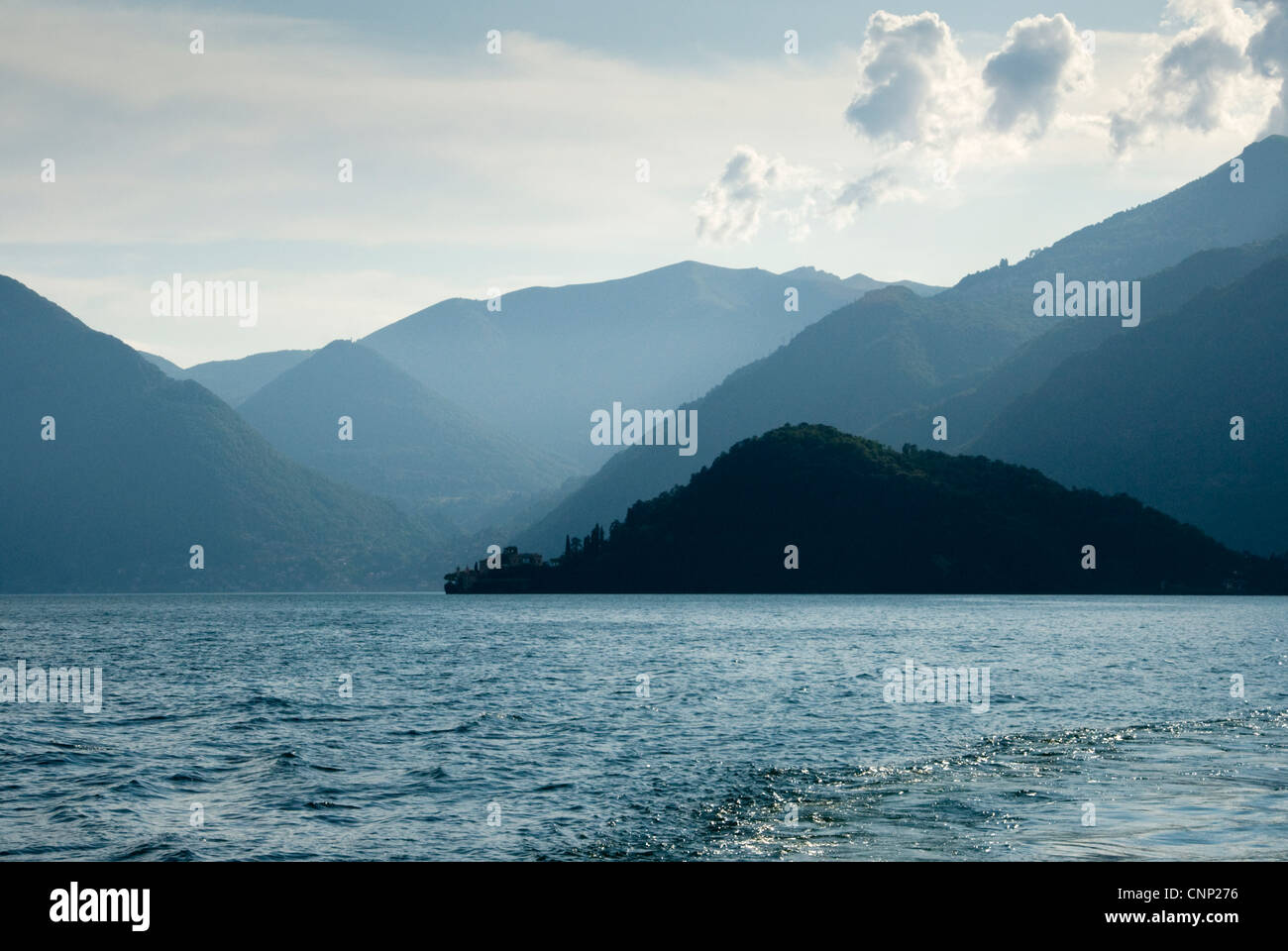 View across Lake Como, Italy, toward Villa Balbianello. Stock Photo