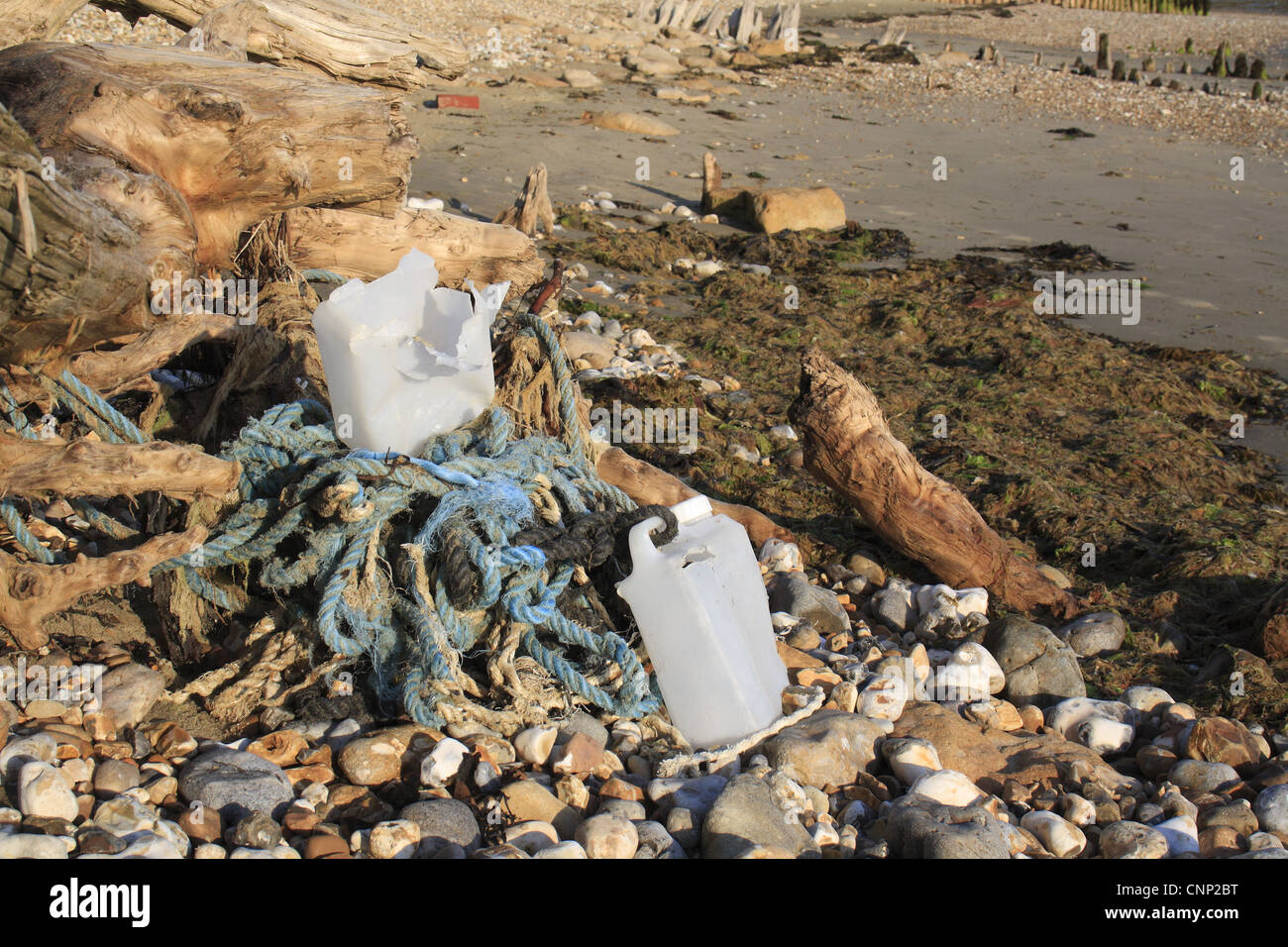 Fishing rubbish on beach at low tide, Bembridge, Isle of Wight, England, june Stock Photo