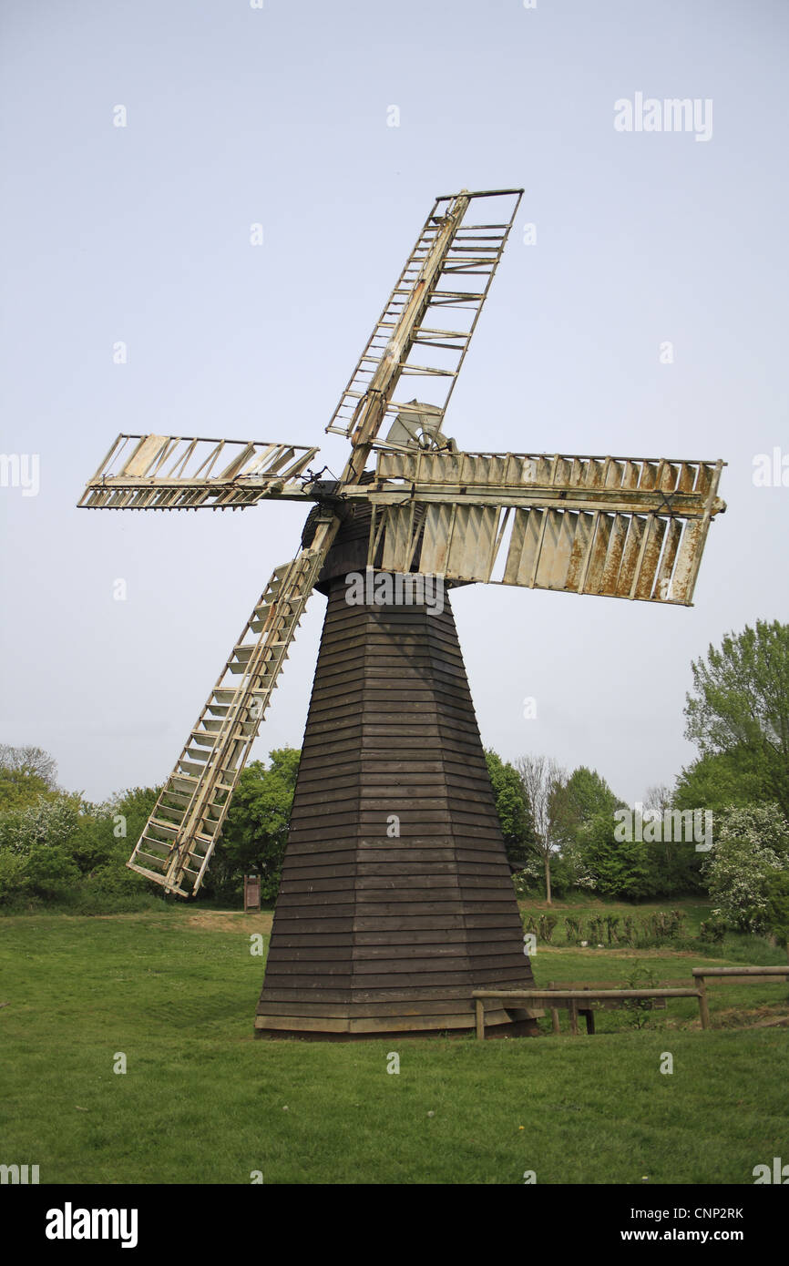 Restored windpump in agricultural museum, Eastbridge Windpump, Museum of East Anglia Life, Stowmarket, Suffolk, England, april Stock Photo