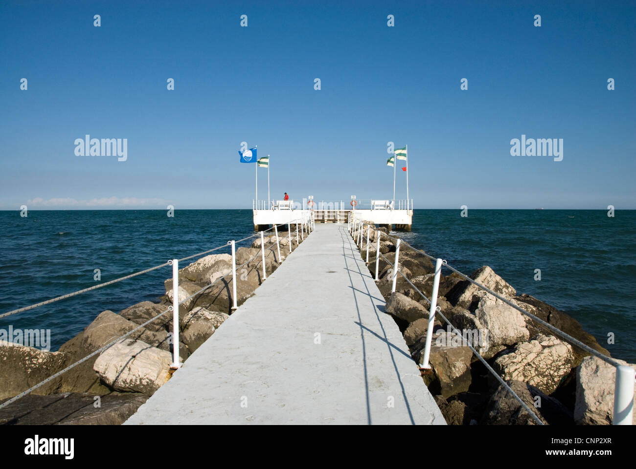 Swimming, sun bathing jetty, Venice Lido, Italy Stock Photo