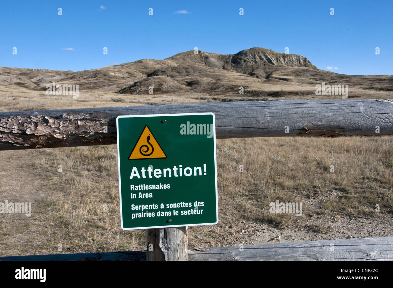 Attention! Rattlesnakes Area' warning sign fence shortgrass prairie ...
