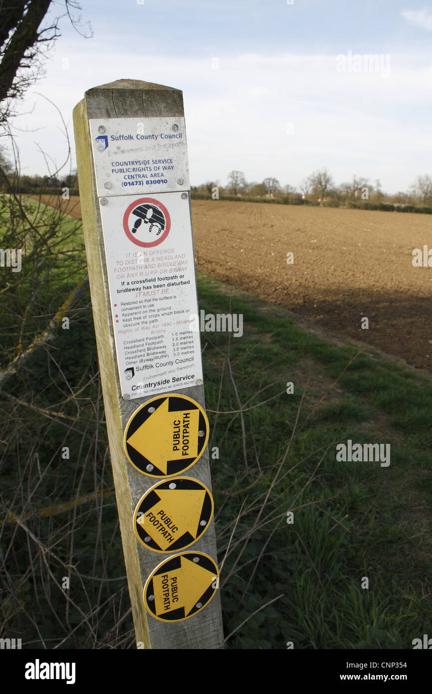 Suffolk County Council Rights Of Way Public Footpath Sign Regulations Restoring Disturbed Crossfield Footpaths  Edge Field Arable Farmland Bacton Suffolk England Stock Photo - Alamy