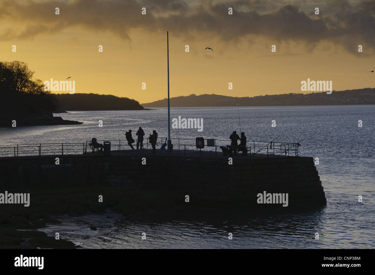 Anglers on pier silhouetted at sunset, River Kent, Arnside, Morecambe Bay, Cumbria, England, january Stock Photo