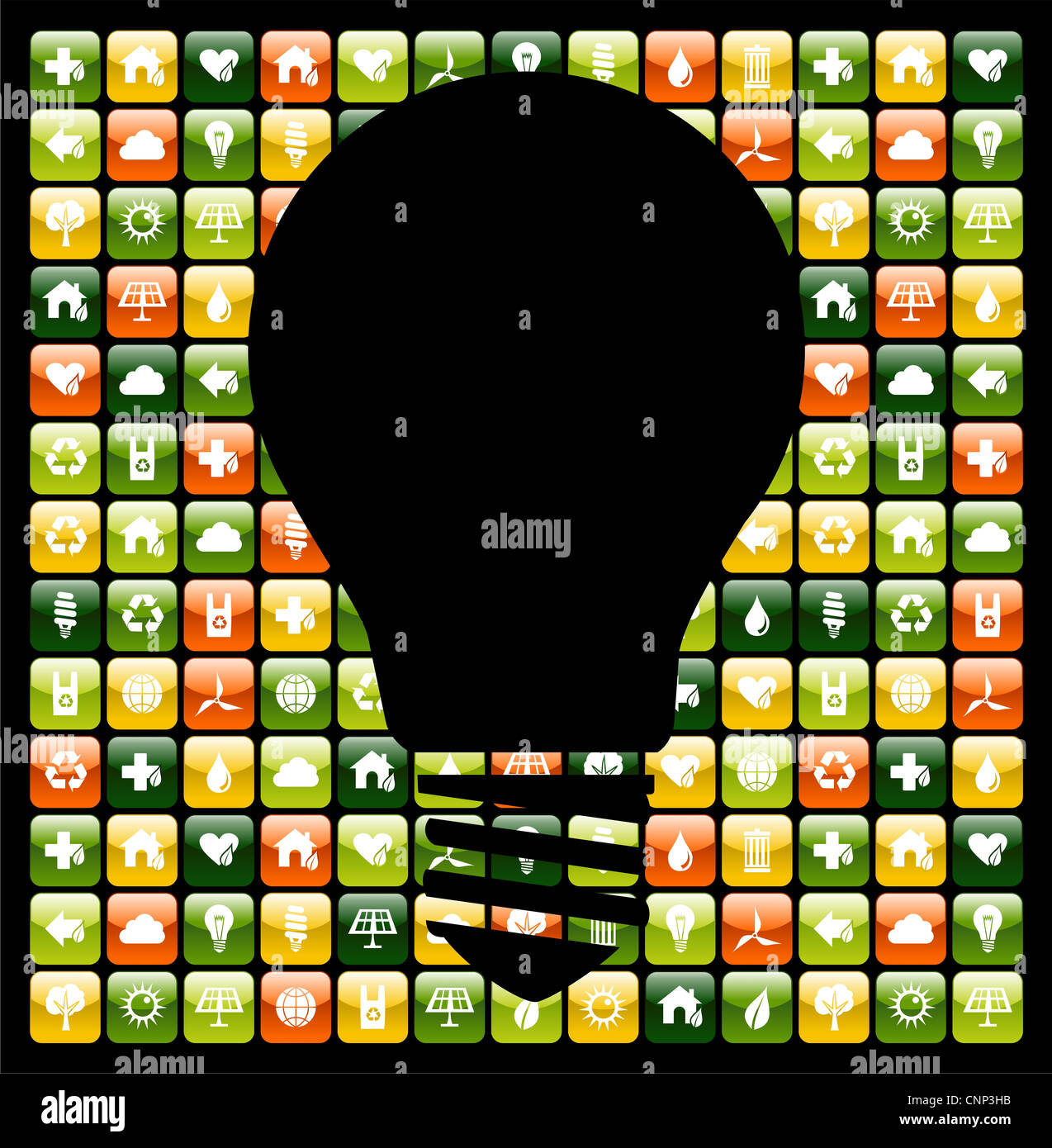 Light bulb symbol over global mobile phone green apps icon background. Vector file available. Stock Photo