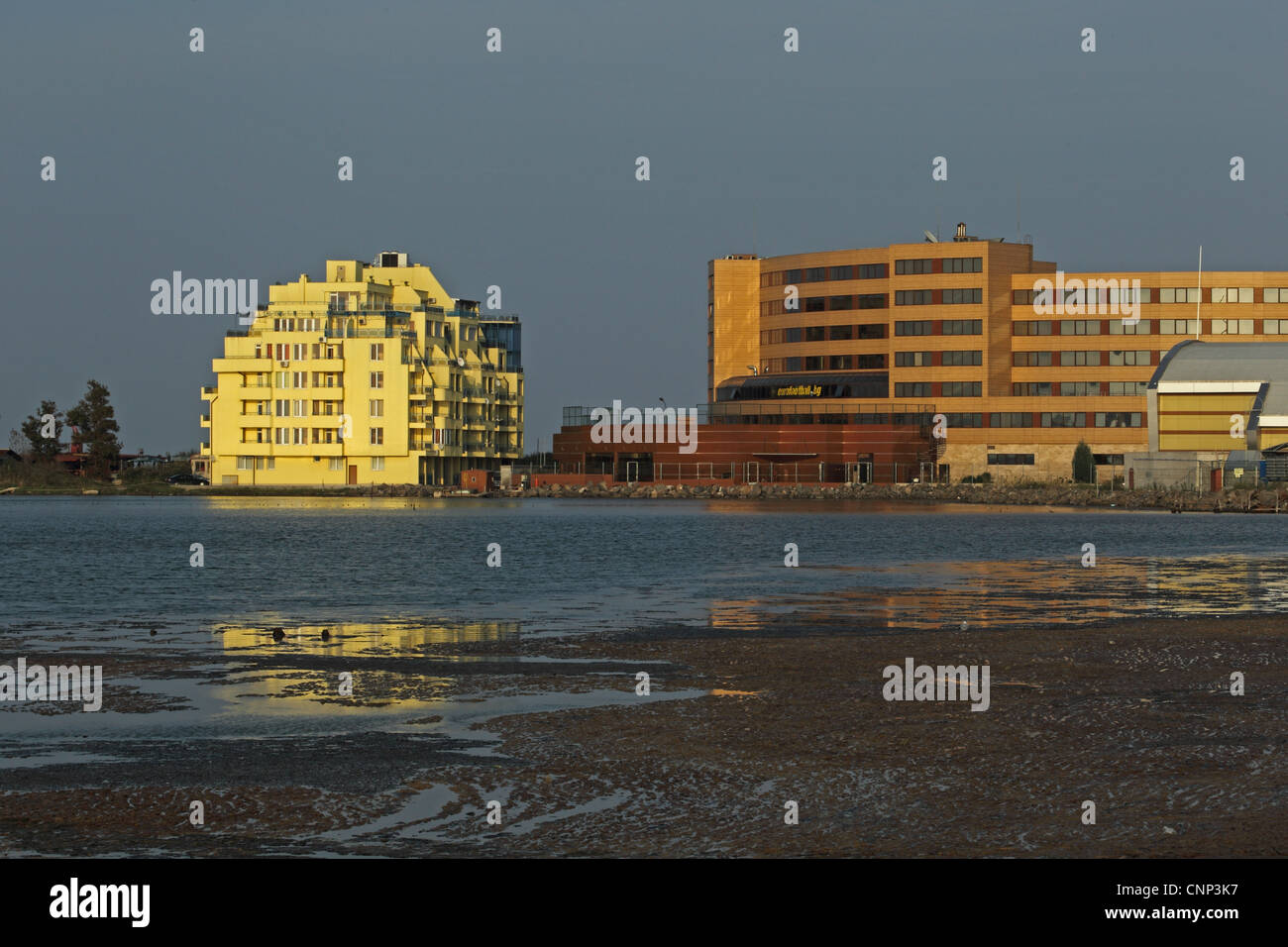 Hotel buildings in seaside resort, Pomorie, Burgas Bay, Bulgarian Black Sea Riviera, Black Sea, Bulgaria, september Stock Photo