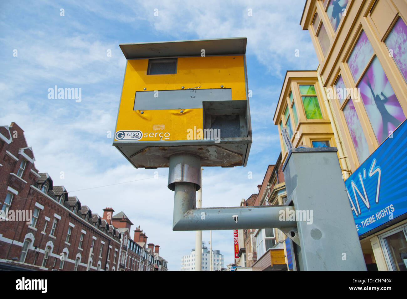 Yellow Gatso speed camera in town, Blackpool, Lancashire, England, may Stock Photo