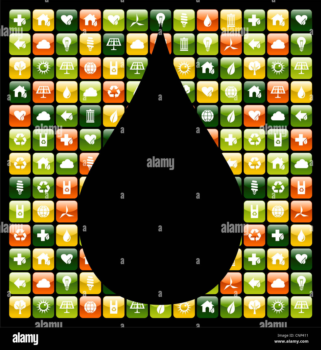 Water drop shape over eco friendly icon app buttons. Vector file available. Stock Photo