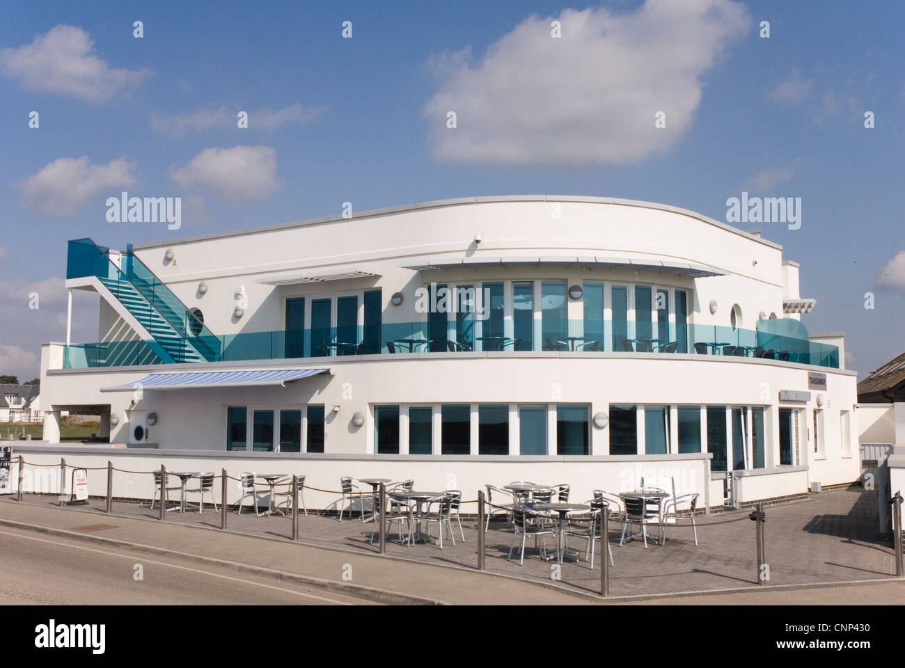 The Marine - art deco white building - restaurant and bar - Milford on Sea - Hants Stock Photo