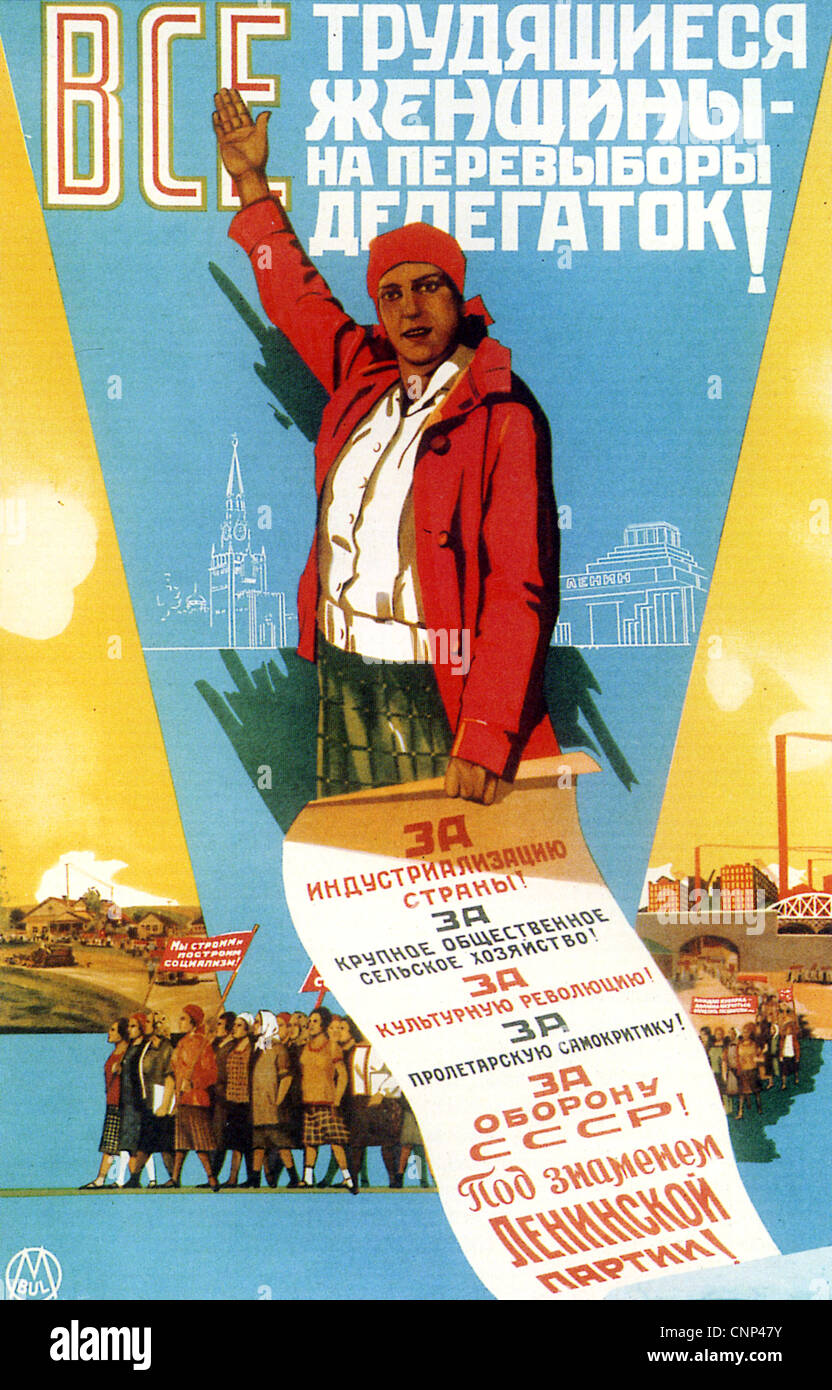 BOLSHEVIK poster about 1921 urging all working women to support industrialisation and other measures listed in Description below Stock Photo