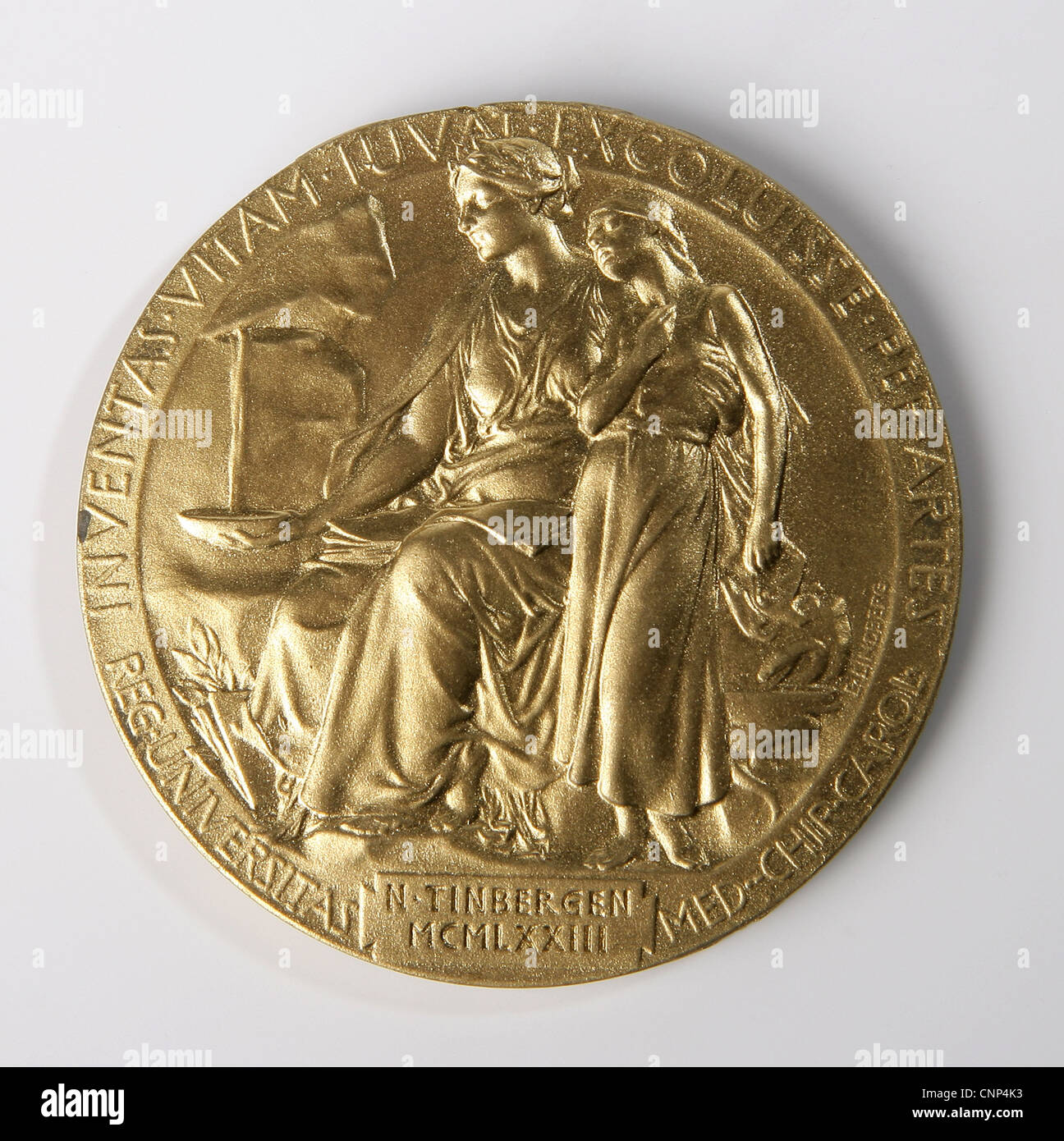 Nobel prize,Nobel,Prize,Medal,Alfred,Gold,Science,Tinbergen,back side Stock Photo