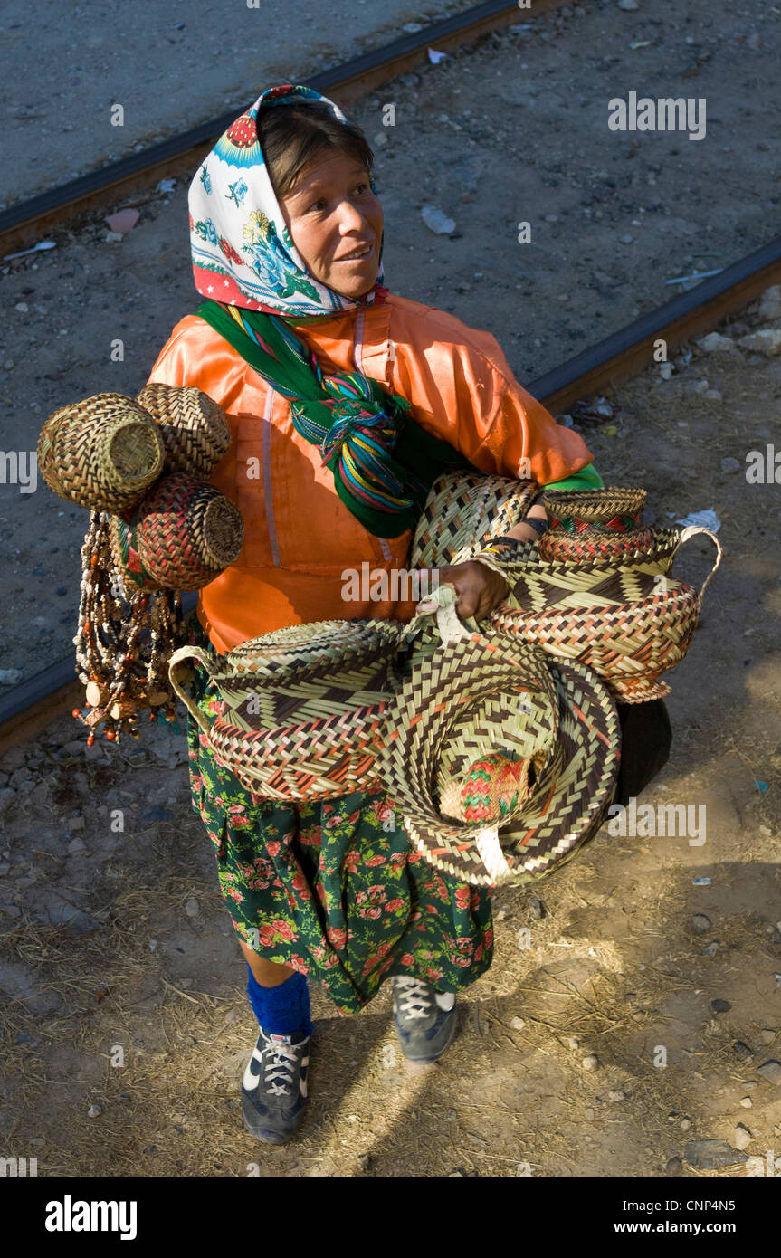 Tarahumara Indian woman selling baskets to passengers on the Chihuahua Pacific Railroad train 'Chepe'; Copper Canyon, Mexico Stock Photo