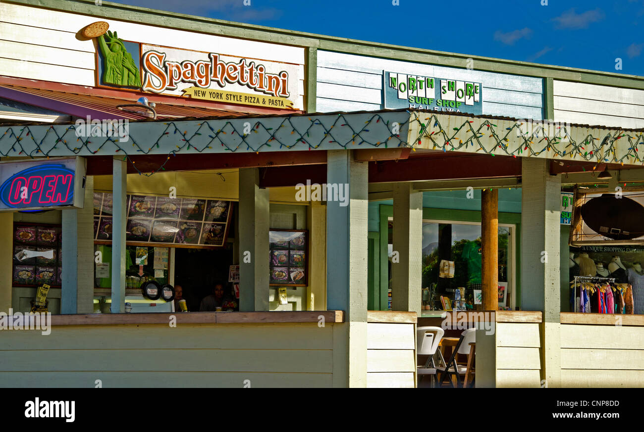 Spaghettini Restaurant in the popular town of Haleiwa on the North Shore of Oahu, Hawaii, near to the famous surfing beaches. Stock Photo