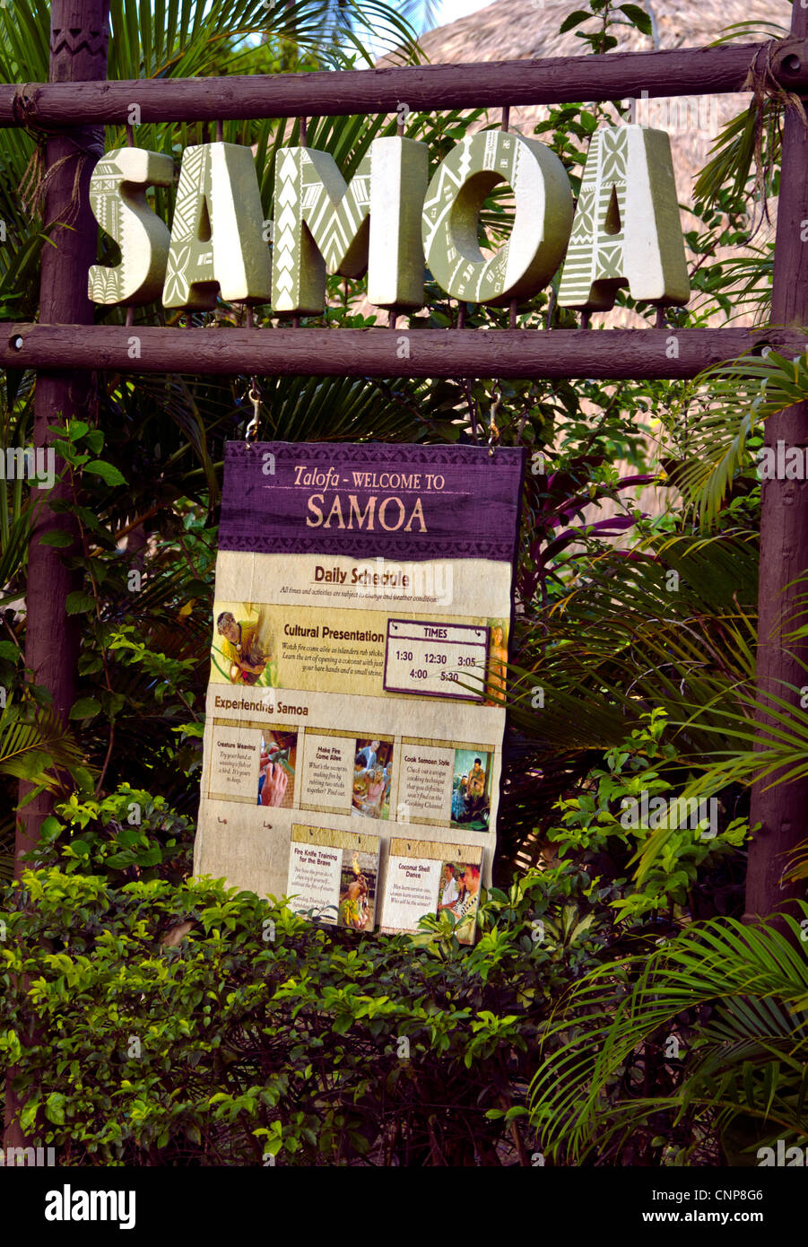 Sign for the Samoan Islands exhibit at the Polynesian Cultural Center in Laie Hawaii Stock Photo