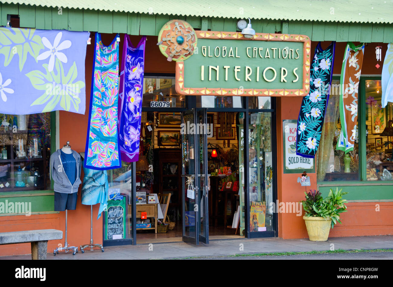 Quaint shops in the popular town of Haleiwa on the North Shore of Oahu, Hawaii, near to the famous surfing beaches. Stock Photo