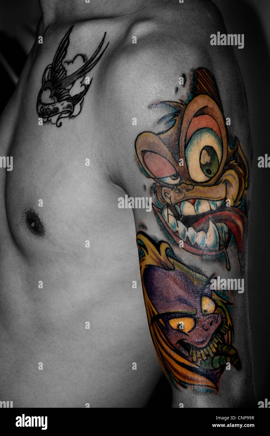 man, tattoo, cartoon, body, boy, monkey, arm, art, artistic, tv show,  movie, video game Stock Photo - Alamy