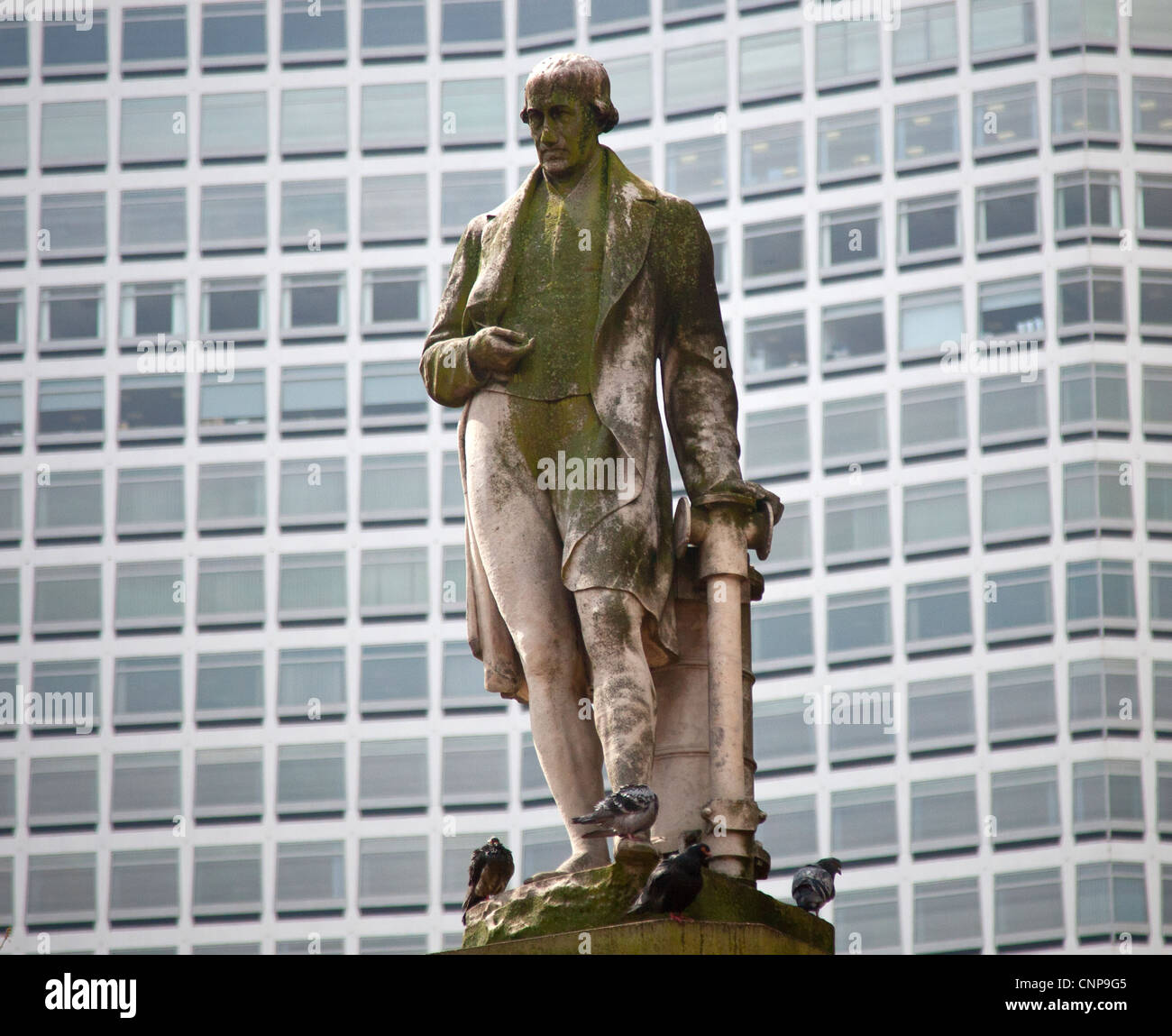 A statue of the engineer James Watt stands against the backdrop of a