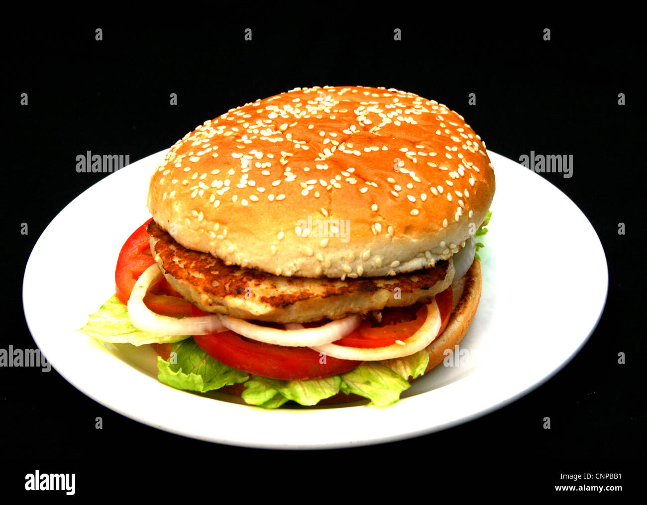 Grilled chicken burger with veggies on a white plate isolated on black background Stock Photo