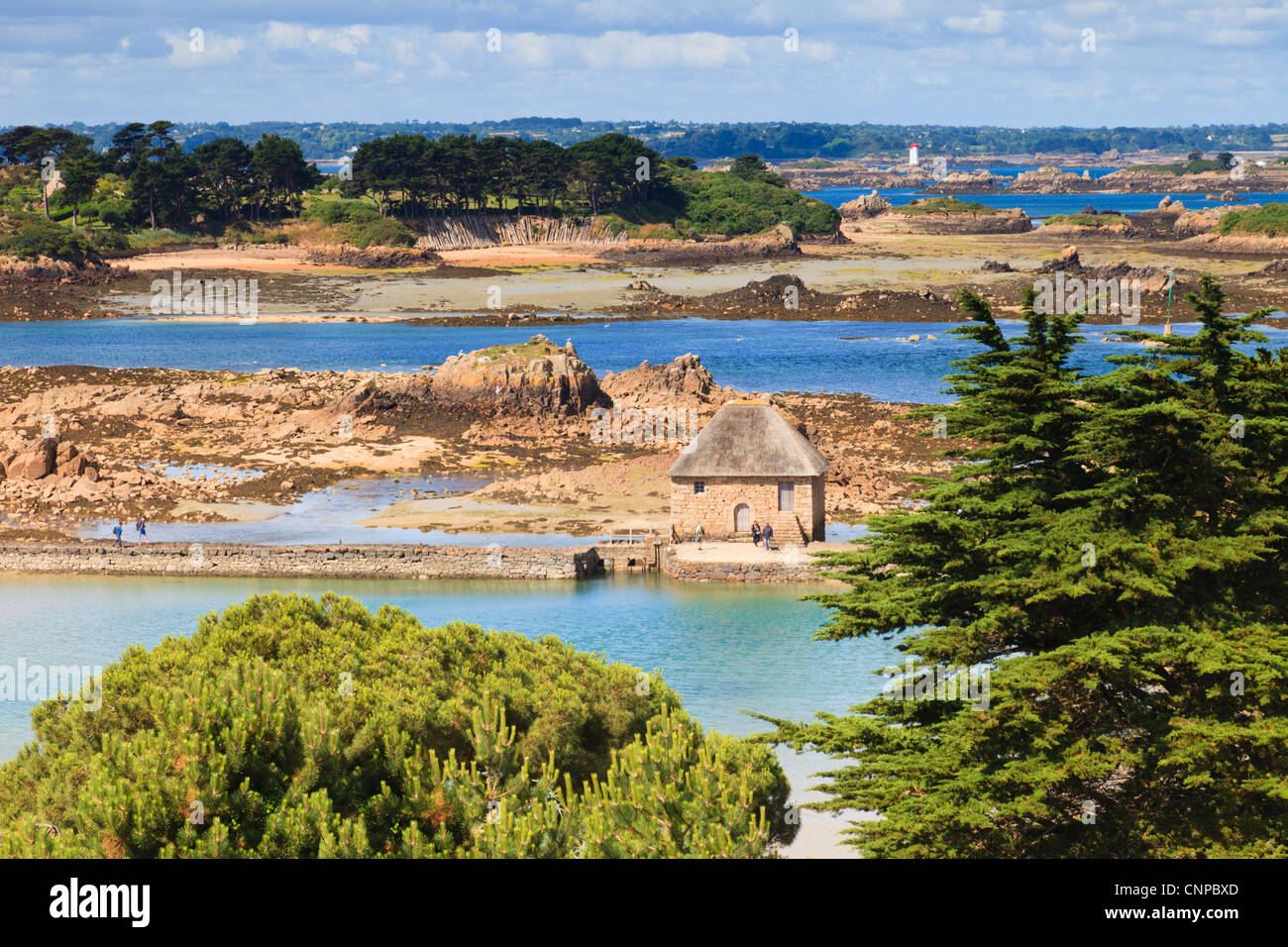 View over Ile de Brehat from Chapel St Michel, with the Birlot tidal mill. Stock Photo