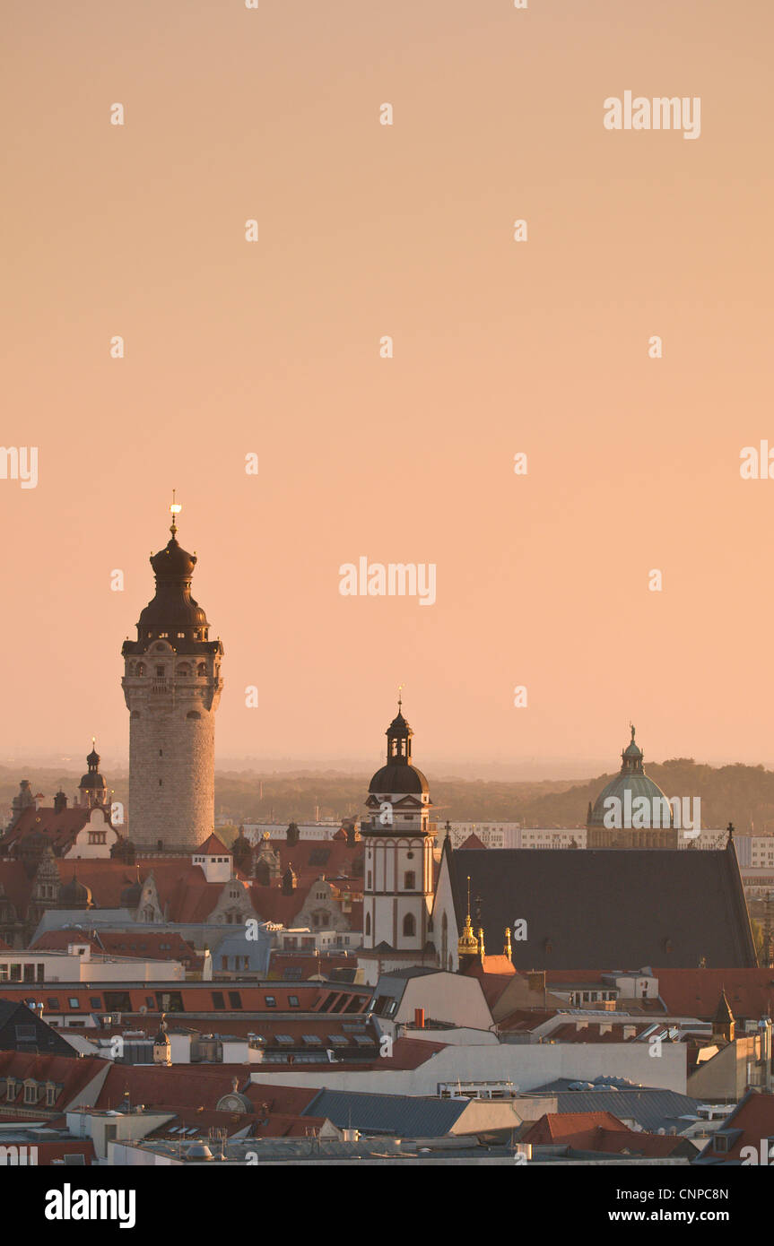 Skyline of Leipzig with the New Town Hall tower (left) and St. Thomas Church steeple (white) , Germany. Stock Photo