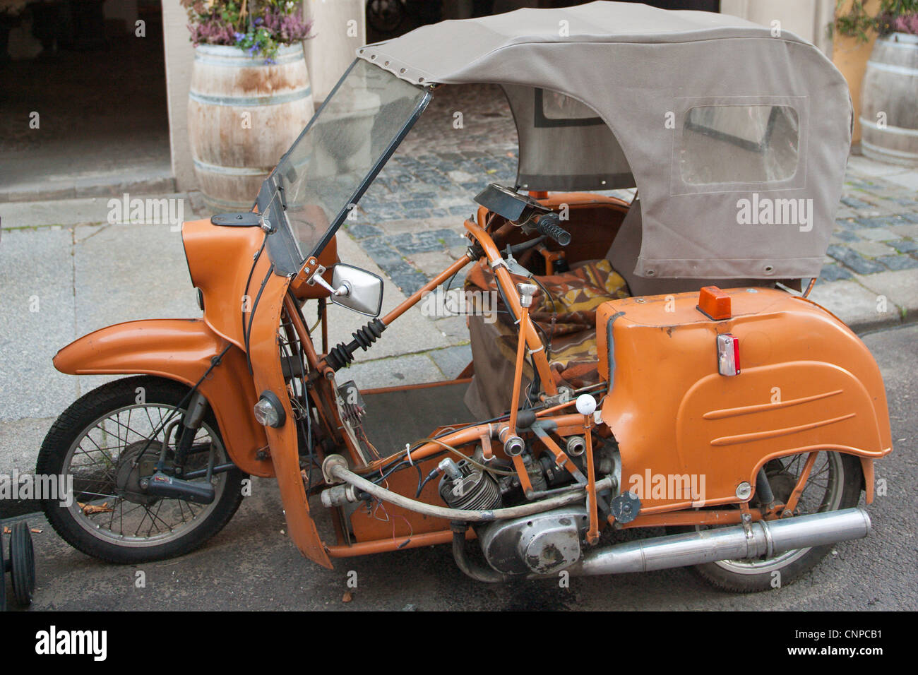 Old three wheel motorcycle Leipzig, Germany. Stock Photo