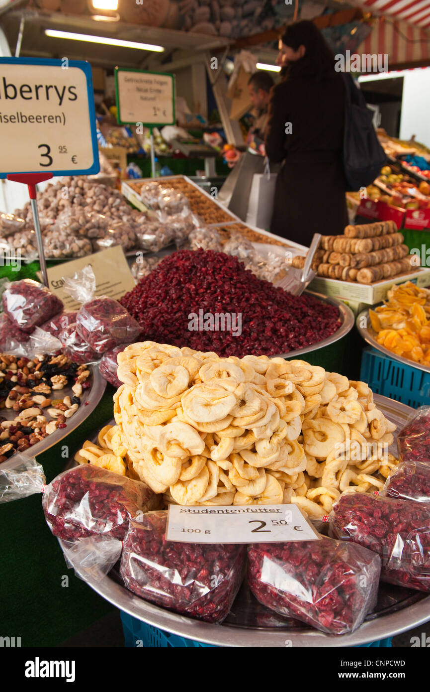 Fresh dried fruit at the local market in Regensburg, Germany. Stock Photo