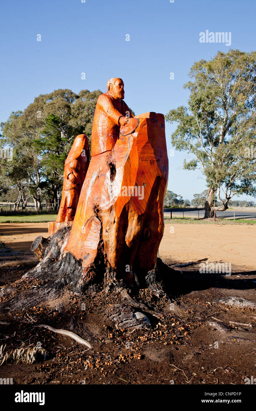 Chainsaw-carved wood sculptures created as a memorial to Father Julian Tenison Woods by artist Kevin Gilders Stock Photo