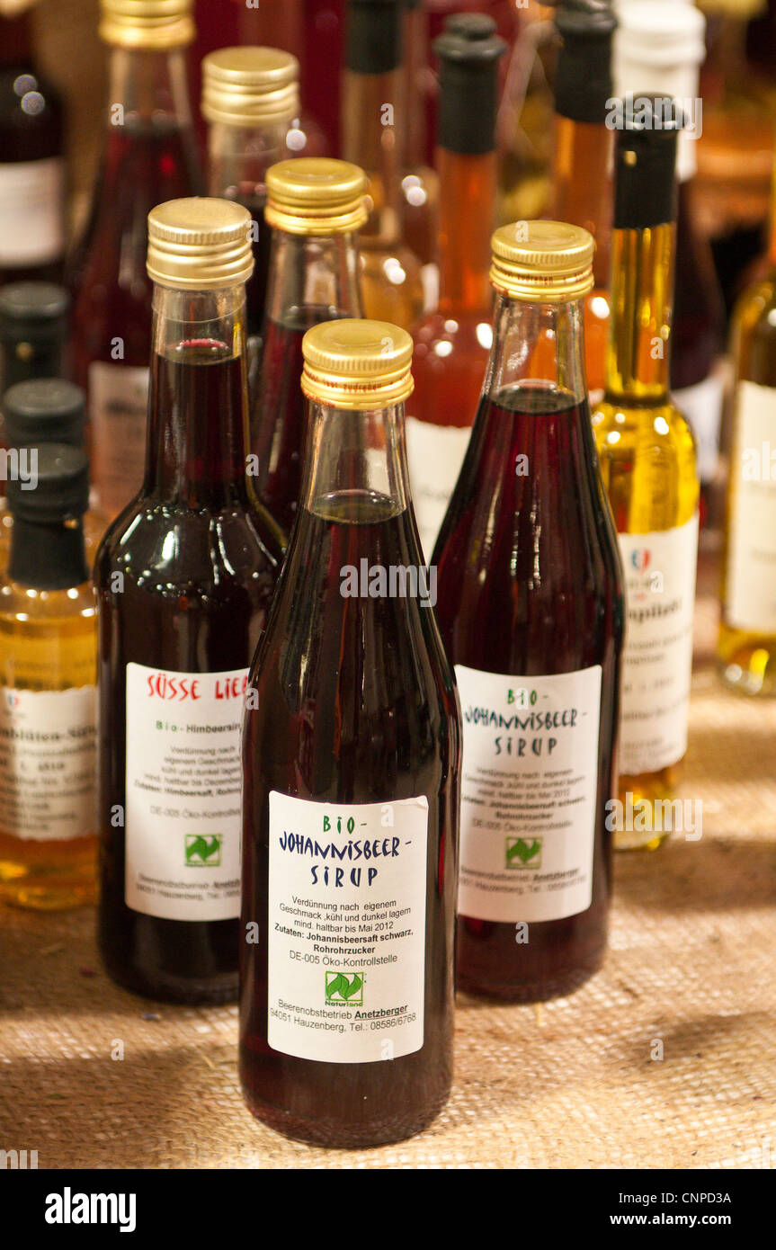 Syrups in the local market Zwiesel, Germany. Stock Photo