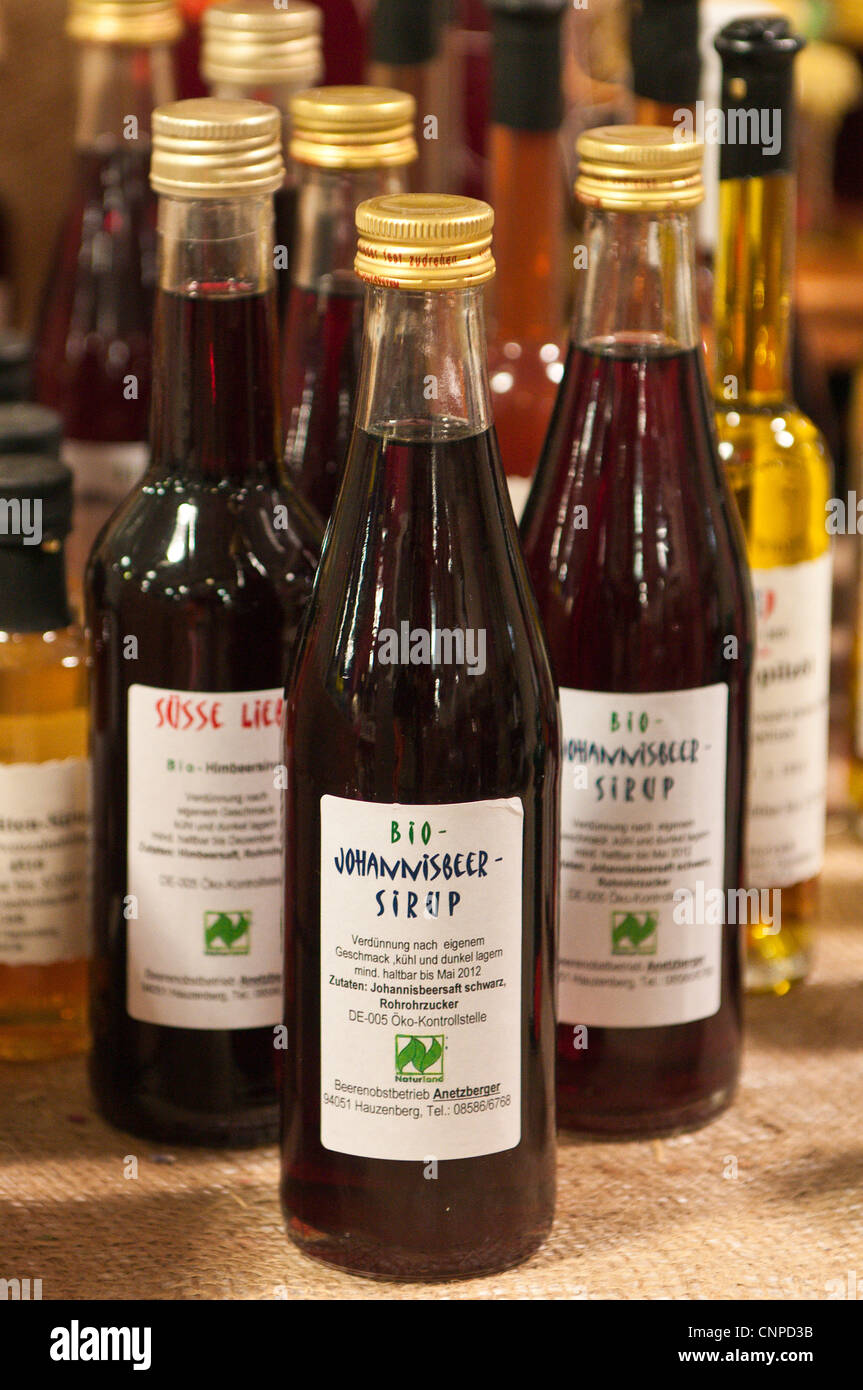Syrups in the local market Zwiesel, Germany. Stock Photo
