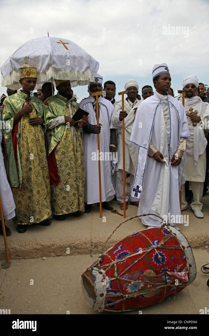 Ethiopian Orthodox Christians taking part in the Epiphany baptism ceremony in Qasr el Yahud baptismal site in the Jordan river valley near the West Bank town of Jericho in Israel Stock Photo