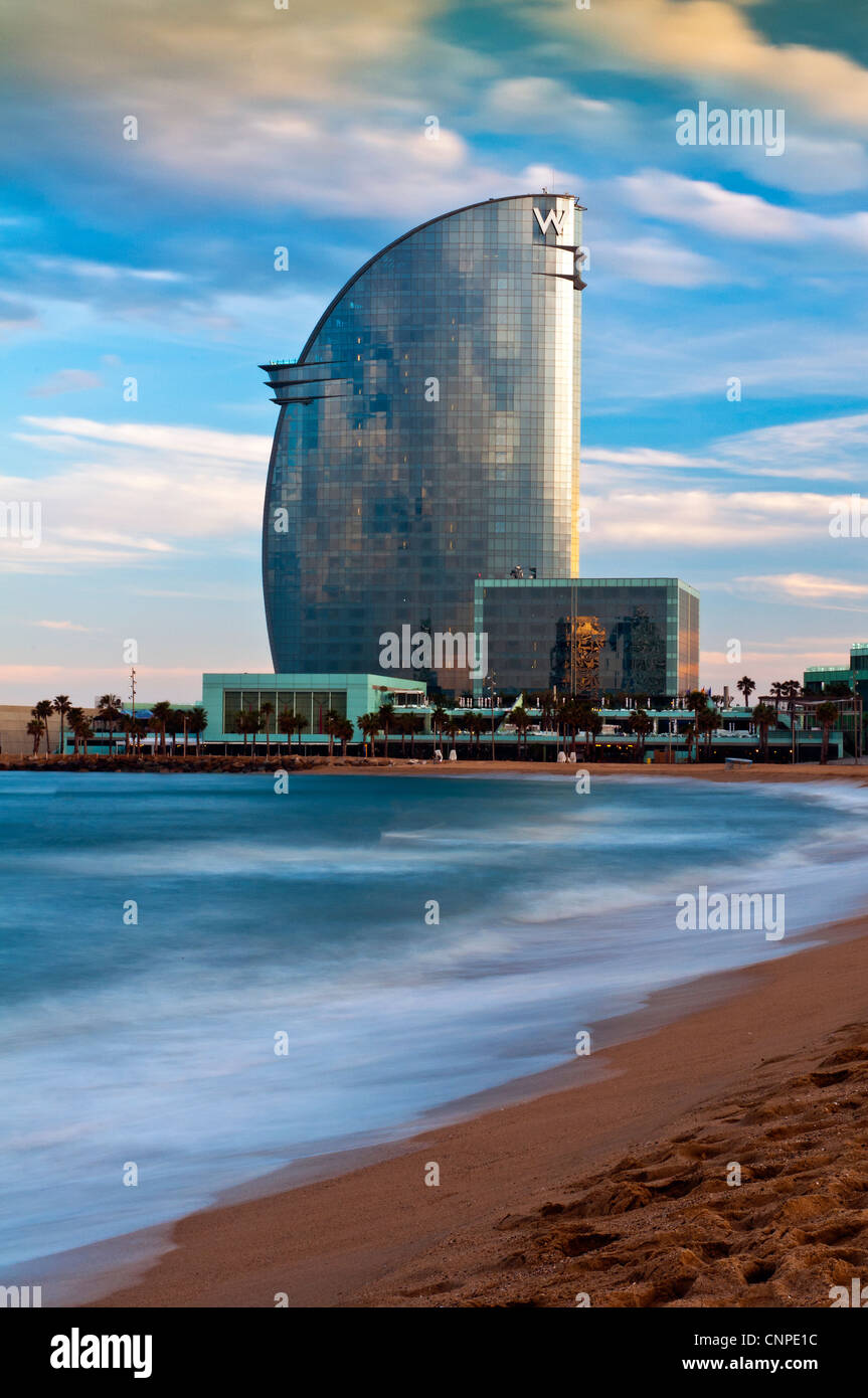 W Barcelona Hotel at sunset as seen from the beach, Barcelona ...
