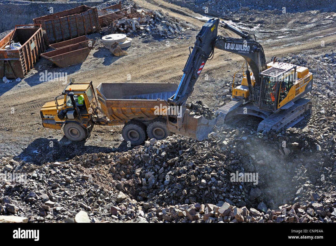 Plant working at Roan Edge Quarry. New Hutton, Cumbria, England United