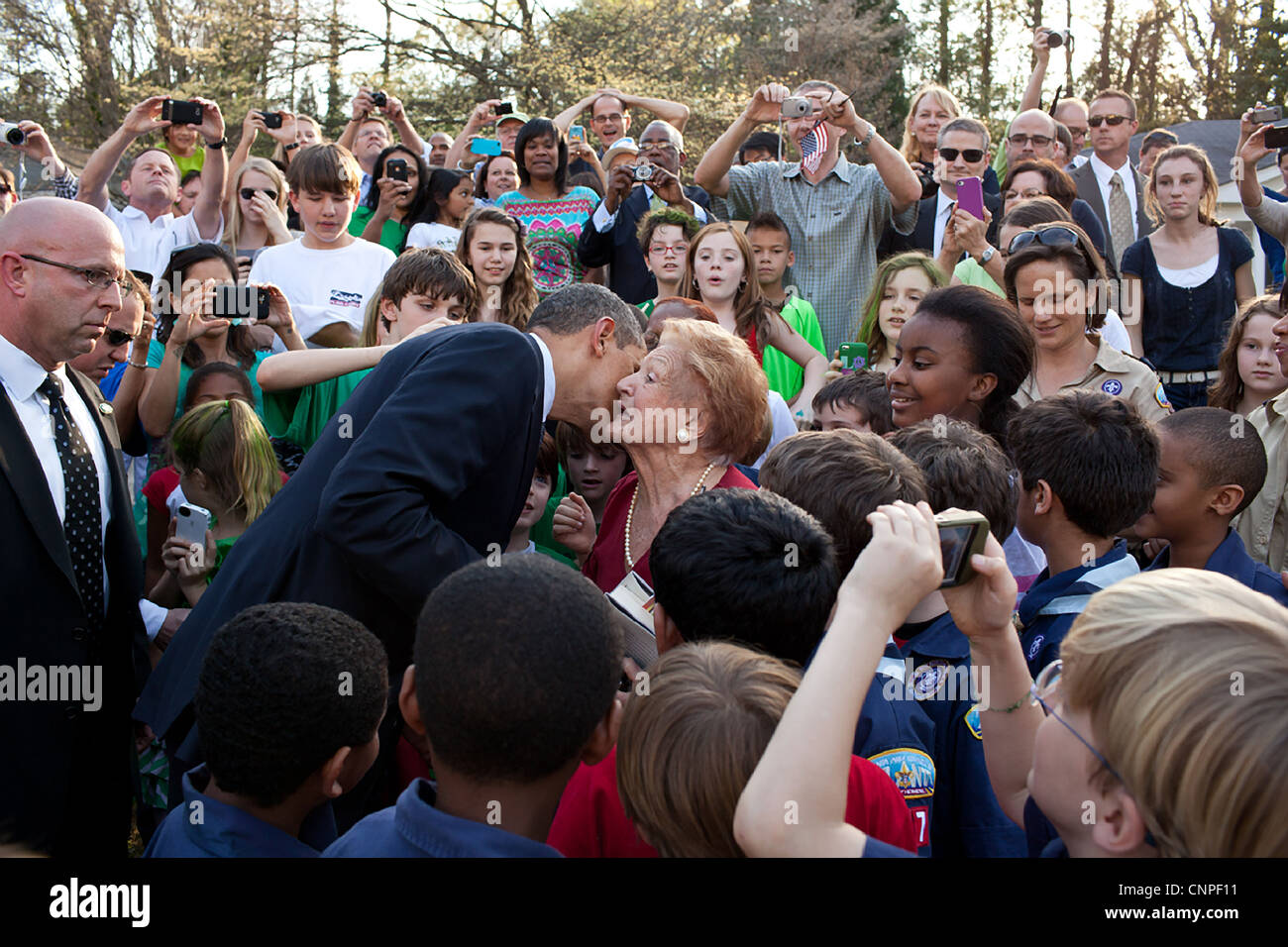 US President Barack Obama greets neighbors and supporters during a visit to a neighborhood for an event March 16, 2012 in Atlanta, GA. Stock Photo