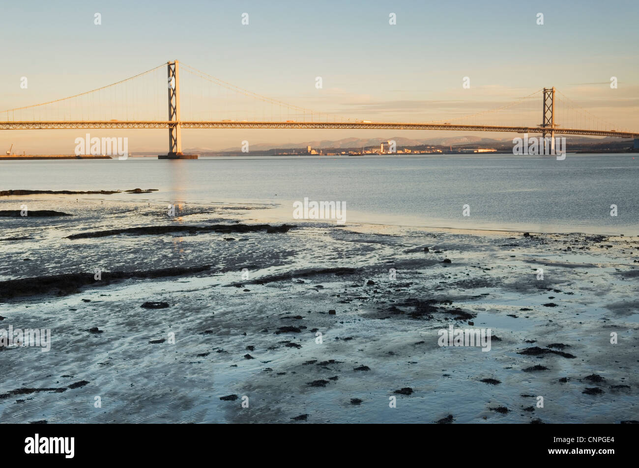 The Forth Road Bridge at sunrise, near Edinburgh, Scotland. Stock Photo