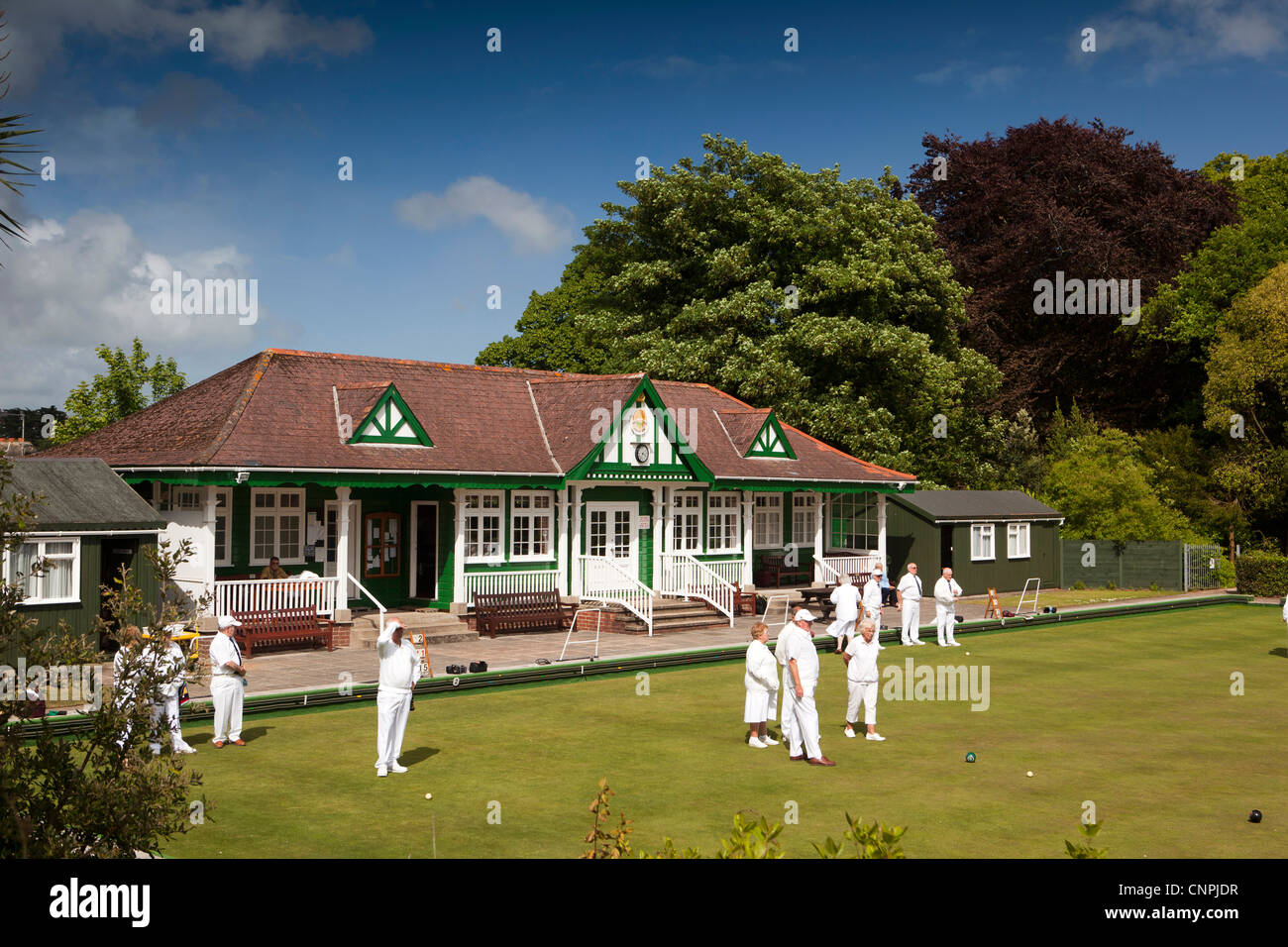 UK, England, Devon, Paignton, Oldway Gardens, Torbay Country Bowls club match in progress Stock Photo