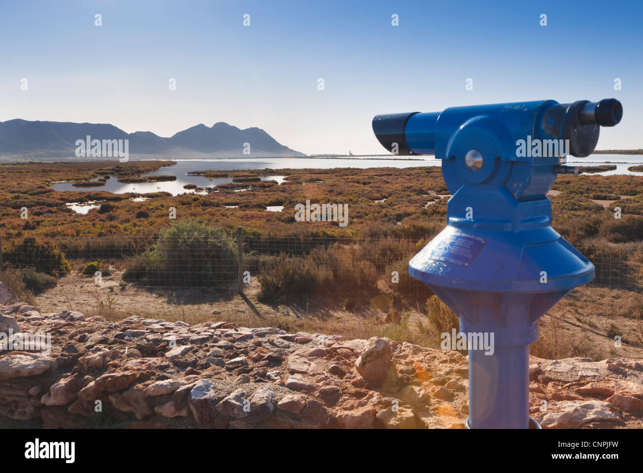 Telescope at Las Salinas or the saltflats of the Cabo de Gata Natural Park. , Almeria Province, Spain Stock Photo