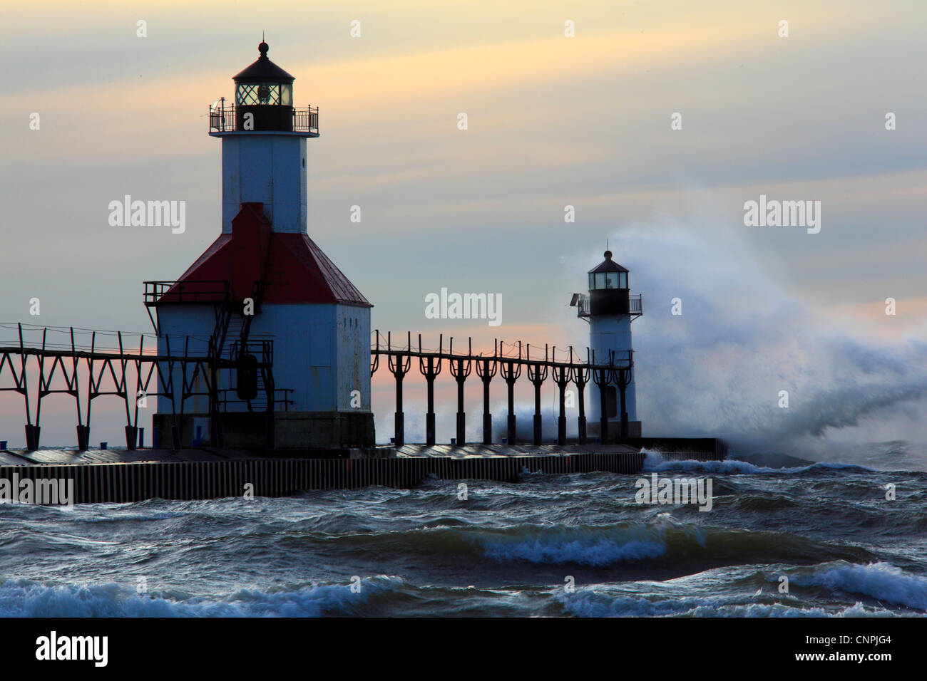 Photo of the St. Joseph Pier at dawn, Lake Michigan, Great Lakes, USA Stock Photo