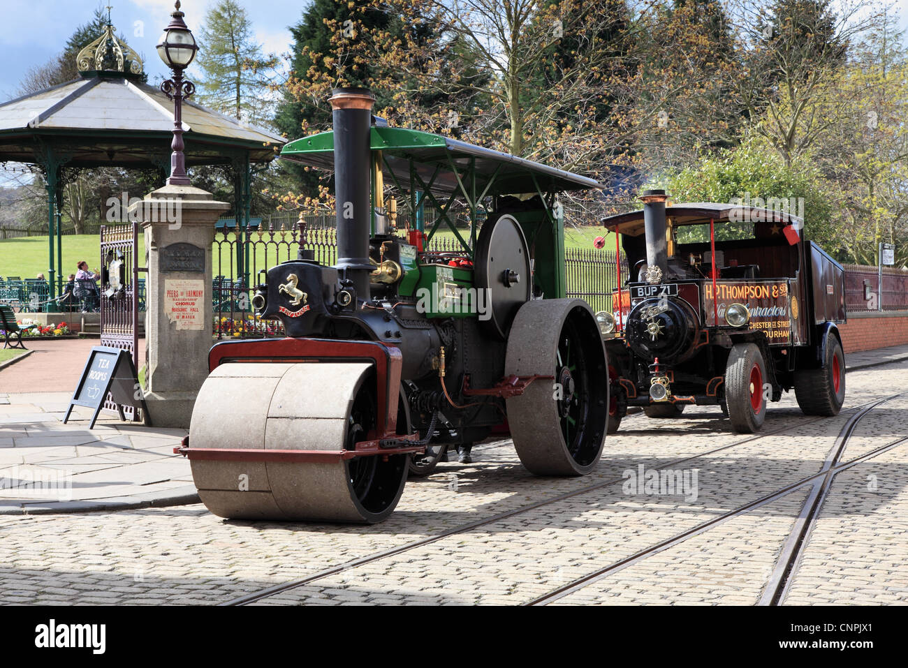 An Aveling and Porter Invicta steam roller Julia and a Foden steam tractor at the North of England Open Air Museum in Beamish NE England UK Stock Photo