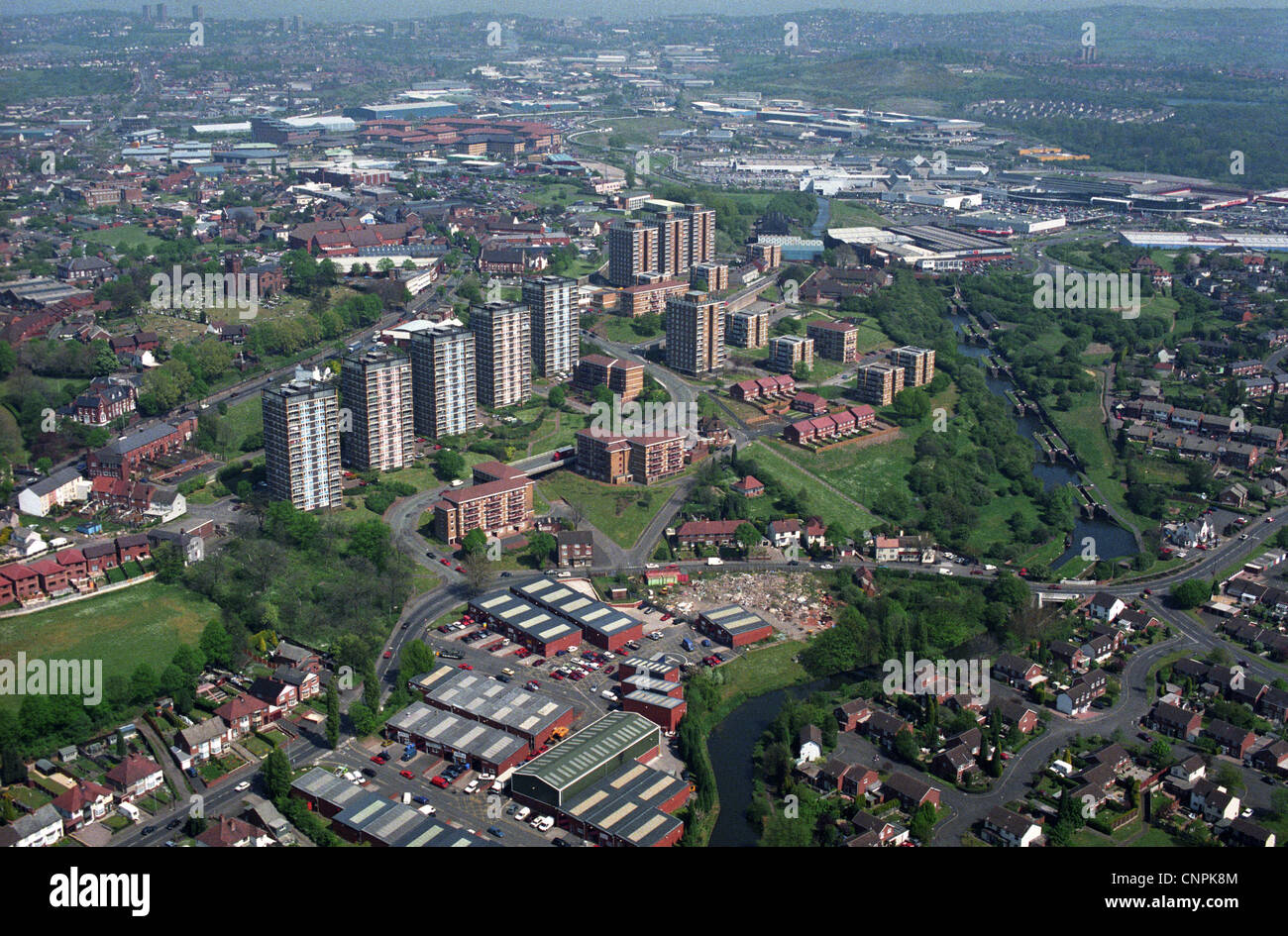 Aerial view of Brierley Hill high rise flats and The Nine Locks England