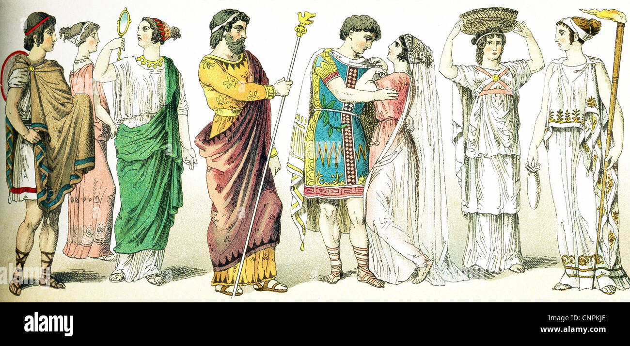 These ancient Greeks are: traveler, two women, a king, a bridal couple, a female basket-bearer, and a priestess of Ceres Stock Photo