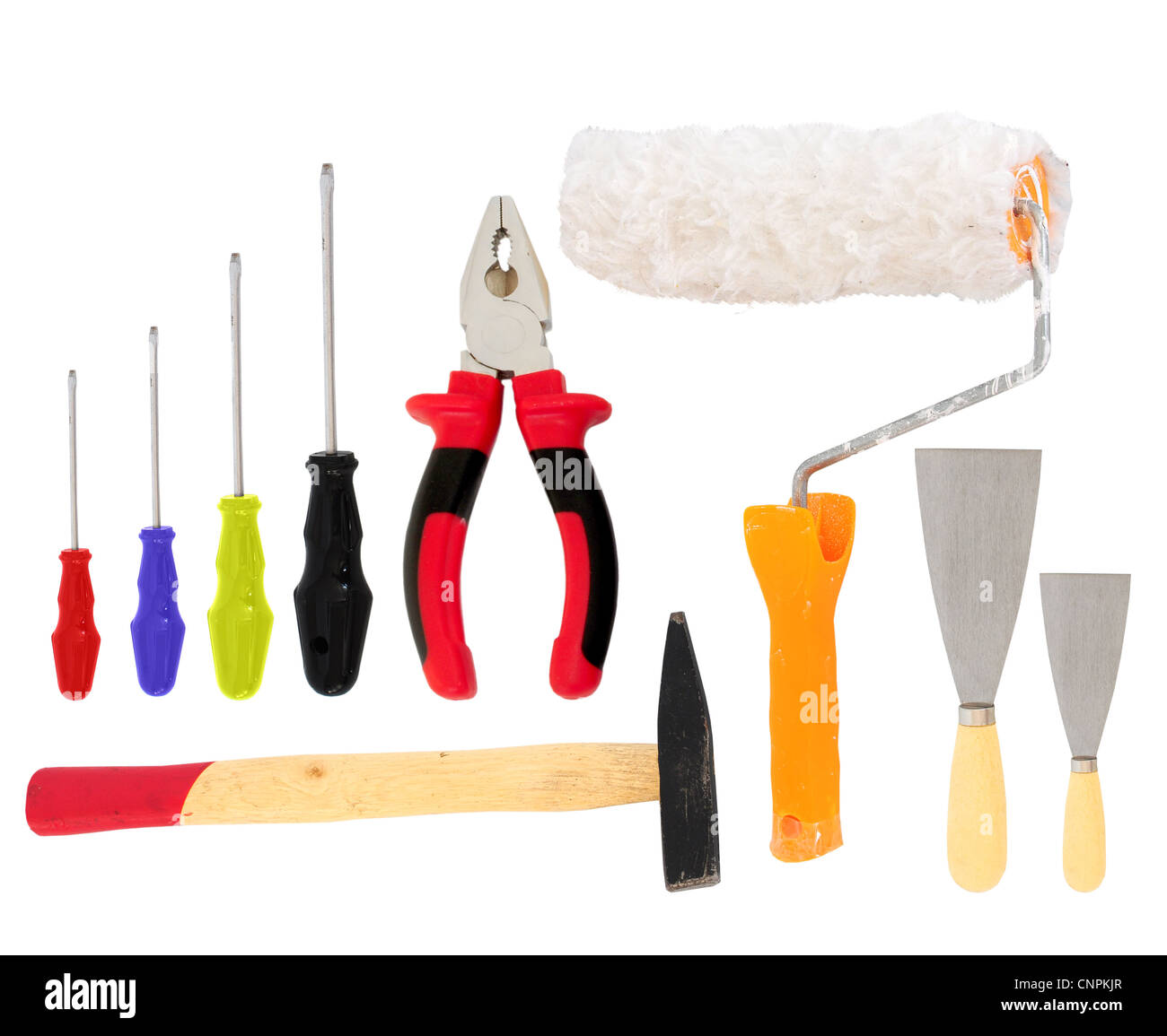 Different tools - hammer, pliers, screwdrivers,spatula, paint roller Stock Photo