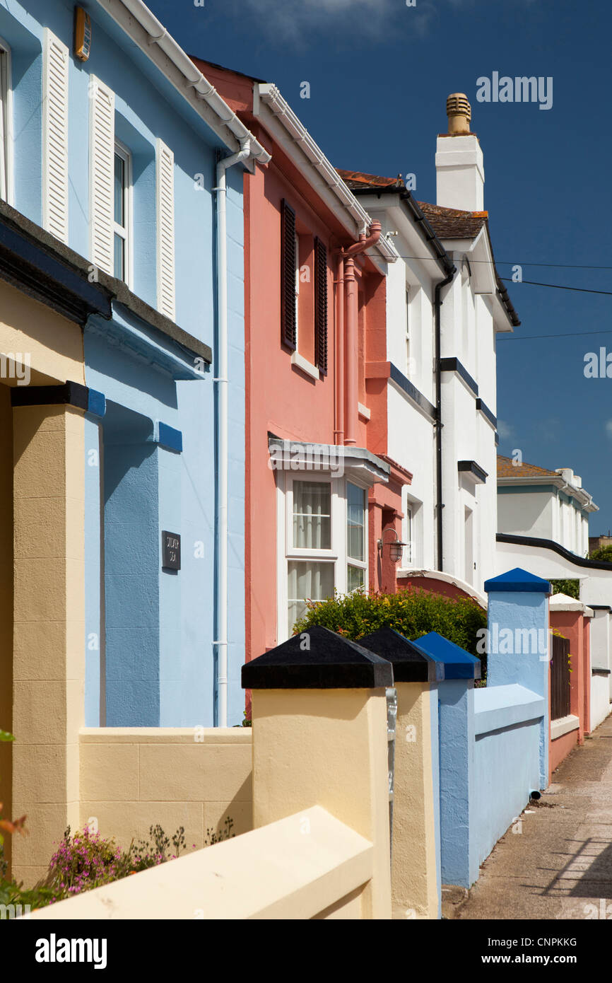UK, England, Devon, Paignton, Cliff Road, pastel painted houses on road