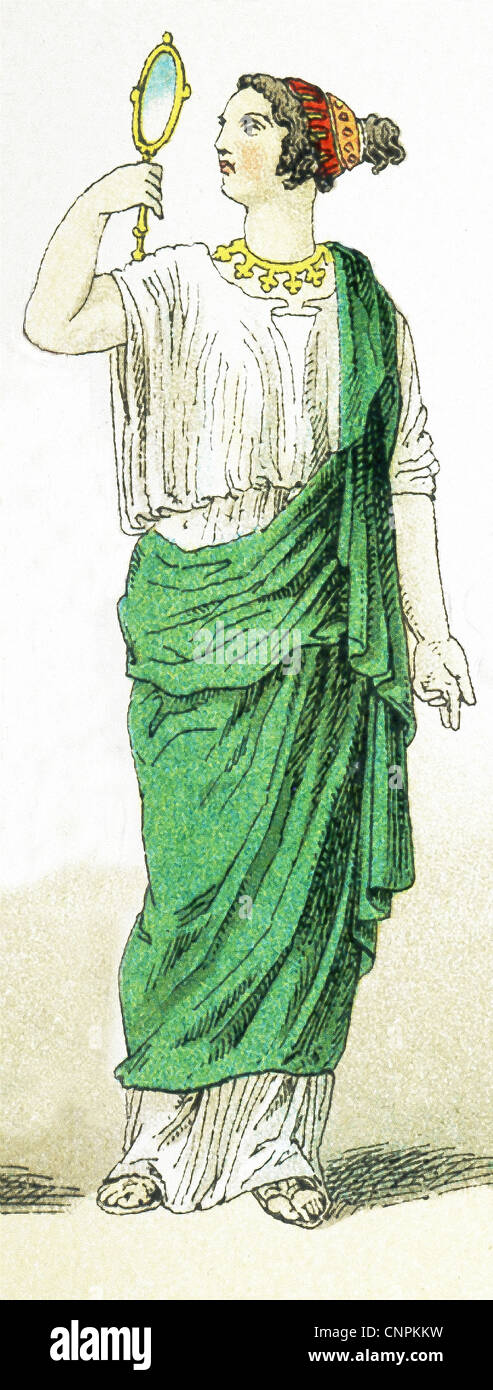 This image of an ancient Greek woman shows her looking at her face in a mirror. The illustration dates to 1882. Stock Photo