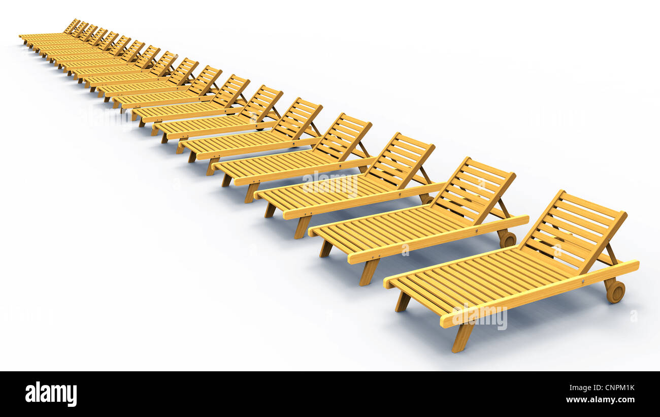 Line of wooden sun beds on white background Stock Photo