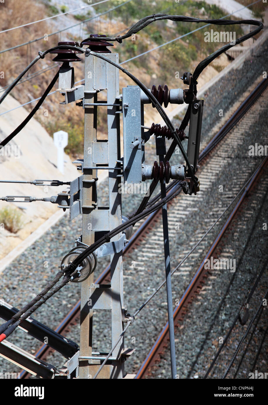 overhead power lines for electric powered train Stock Photo