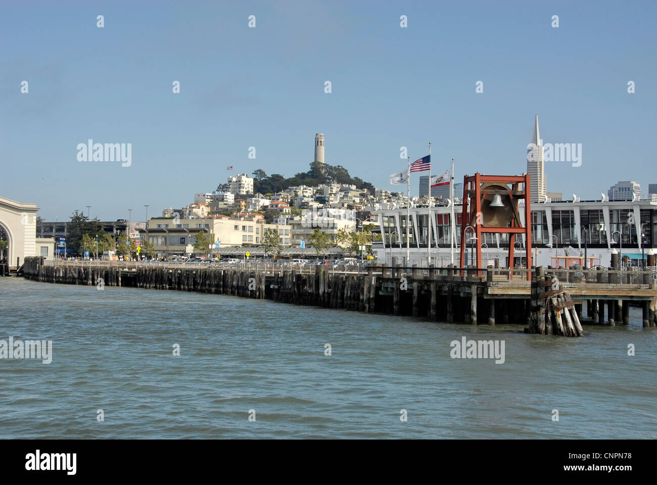View of Coit Tower and Telegraph Hill from Fisherman's Wharf in San Francisco, California, USA Stock Photo