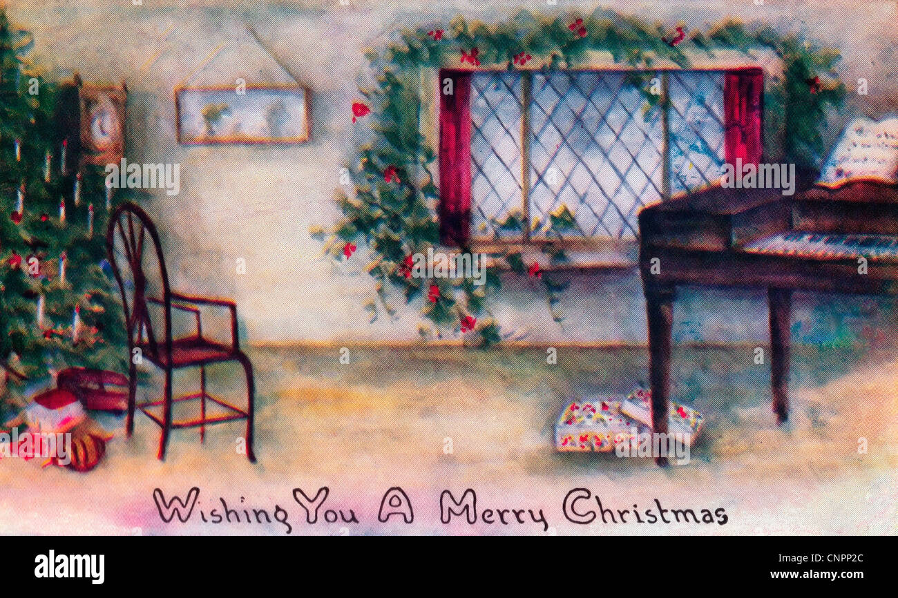 Wishing you a Merry Christmas - Vintage colourful post card Stock Photo