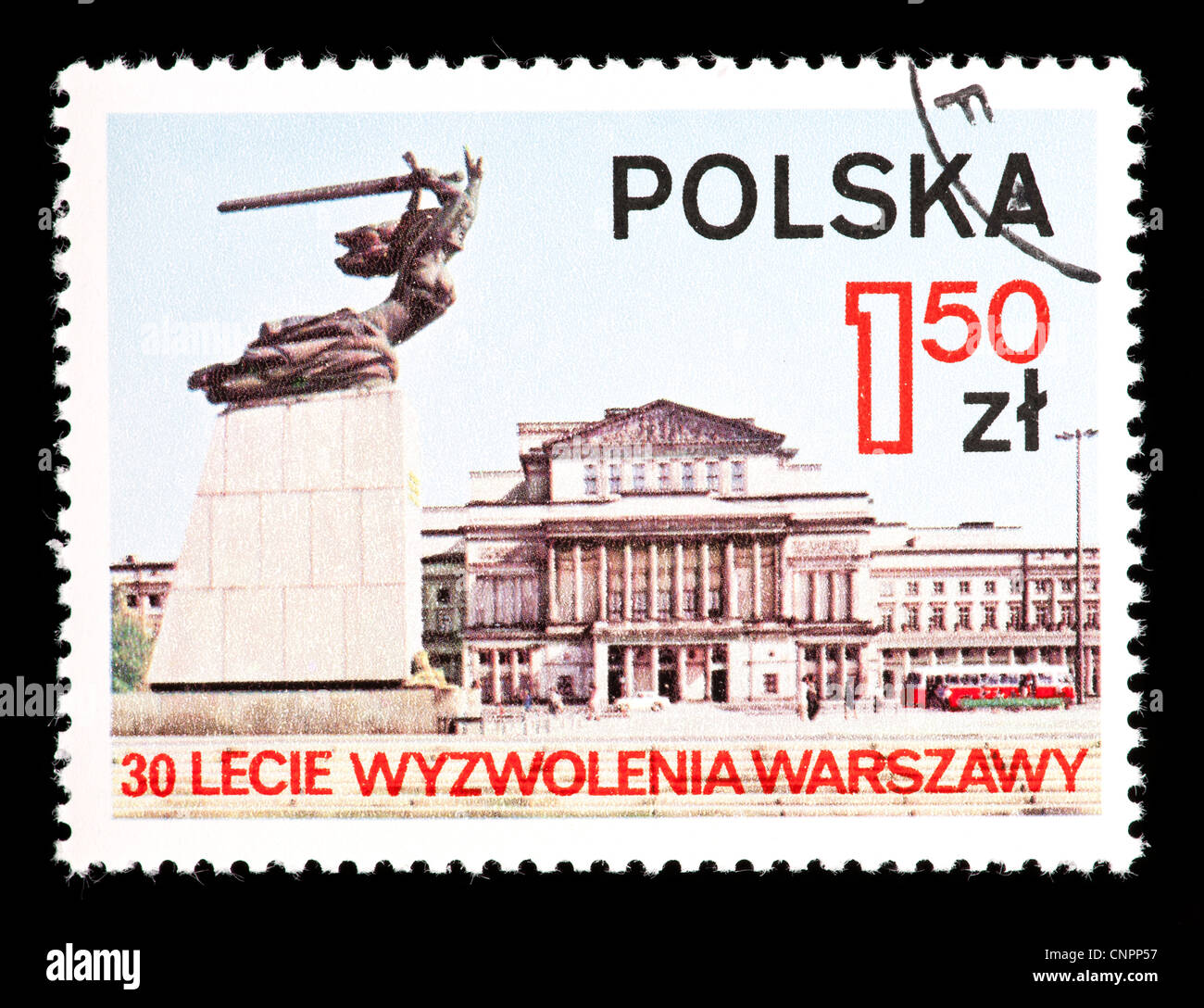 Postage stamp from Poland depicting a statue of Nike and the Warsaw Opera house Stock Photo