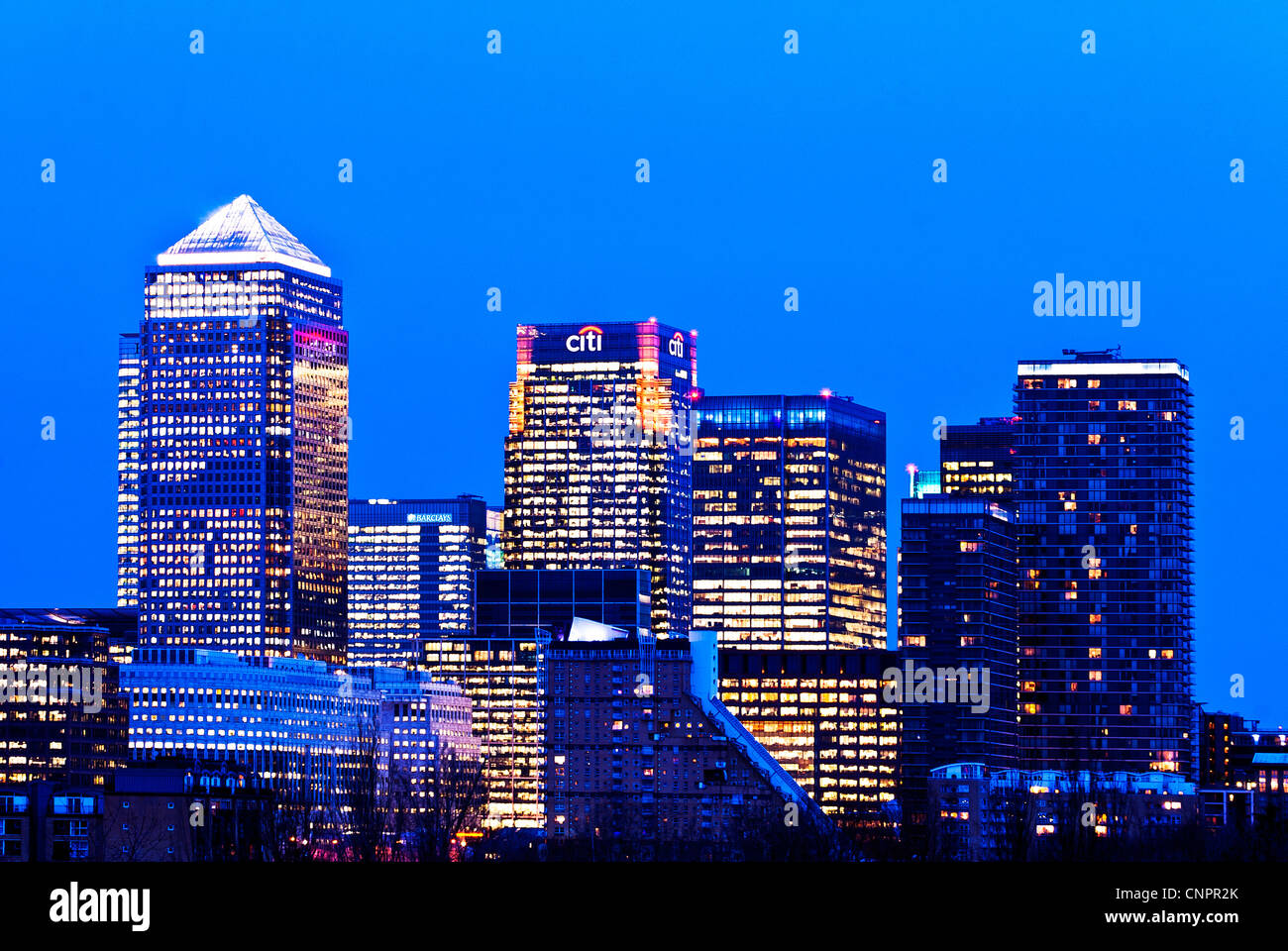 A skyline image of Canary Wharf banking sector in the evening light, London, England, UK Stock Photo