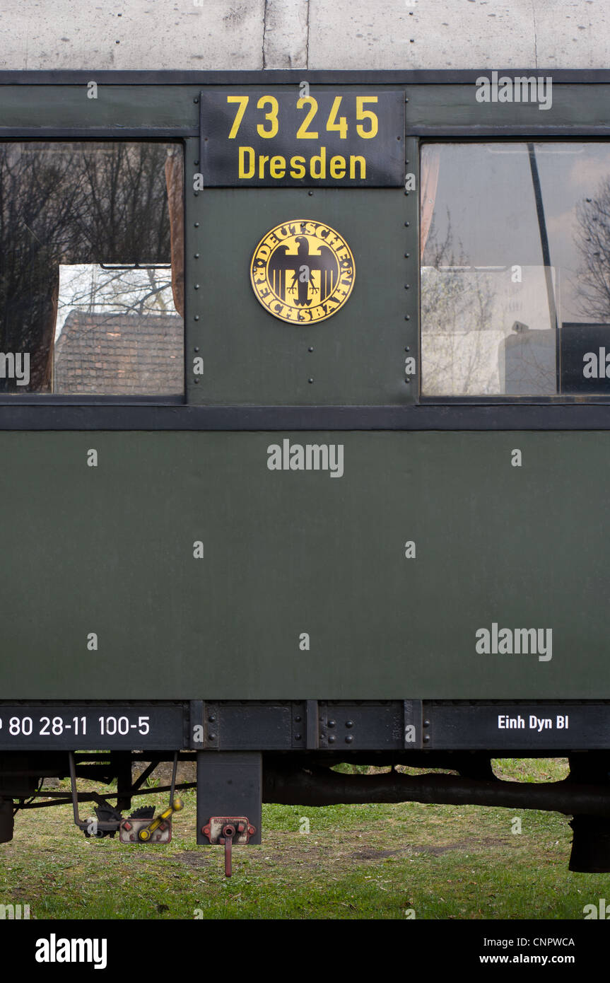 The old carriage and Index the destination - Dresden (Deutsche Reichsbahn) Stock Photo