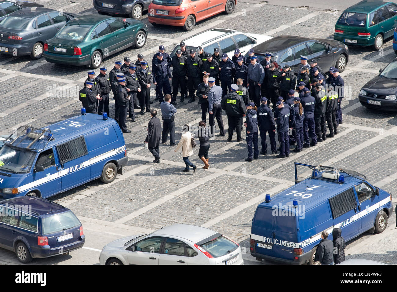 Polish police force gathering on a car park in Warsaw, Poland. Stock Photo